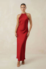 Halter Satin Sheath Midi Bridesmaid Dress in Spice