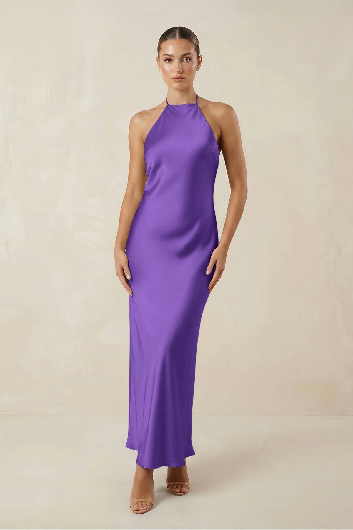 Halter Satin Sheath Midi Bridesmaid Dress in Tahiti