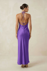 Halter Satin Sheath Midi Bridesmaid Dress in Tahiti