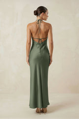 Halter Satin Sheath Midi Bridesmaid Dress in Thyme