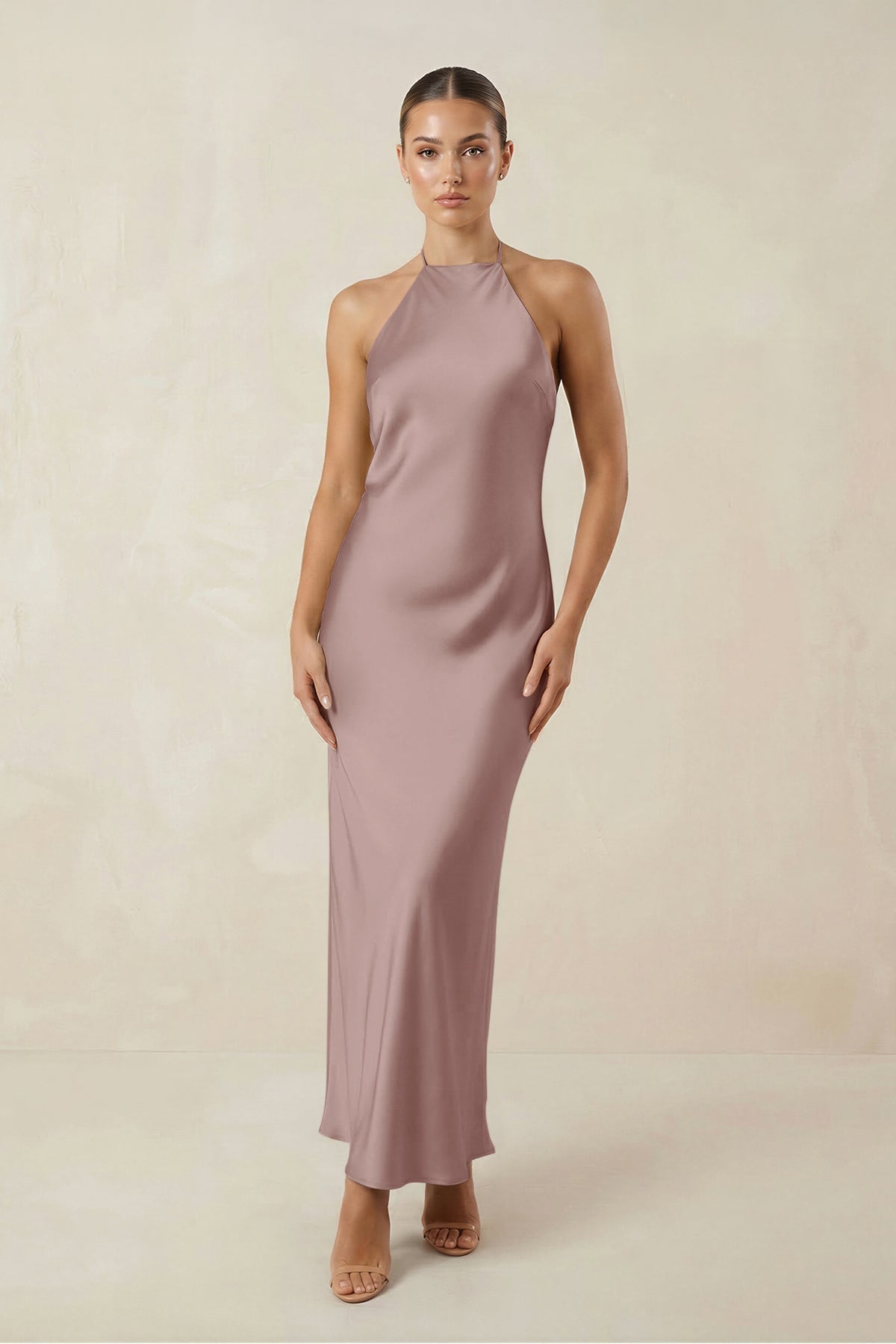 Halter Satin Sheath Midi Bridesmaid Dress in Toffee