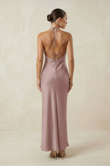 Halter Satin Sheath Midi Bridesmaid Dress in Toffee