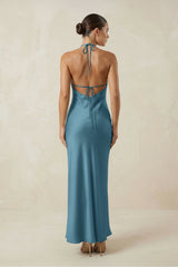Halter Satin Sheath Midi Bridesmaid Dress in Twilight