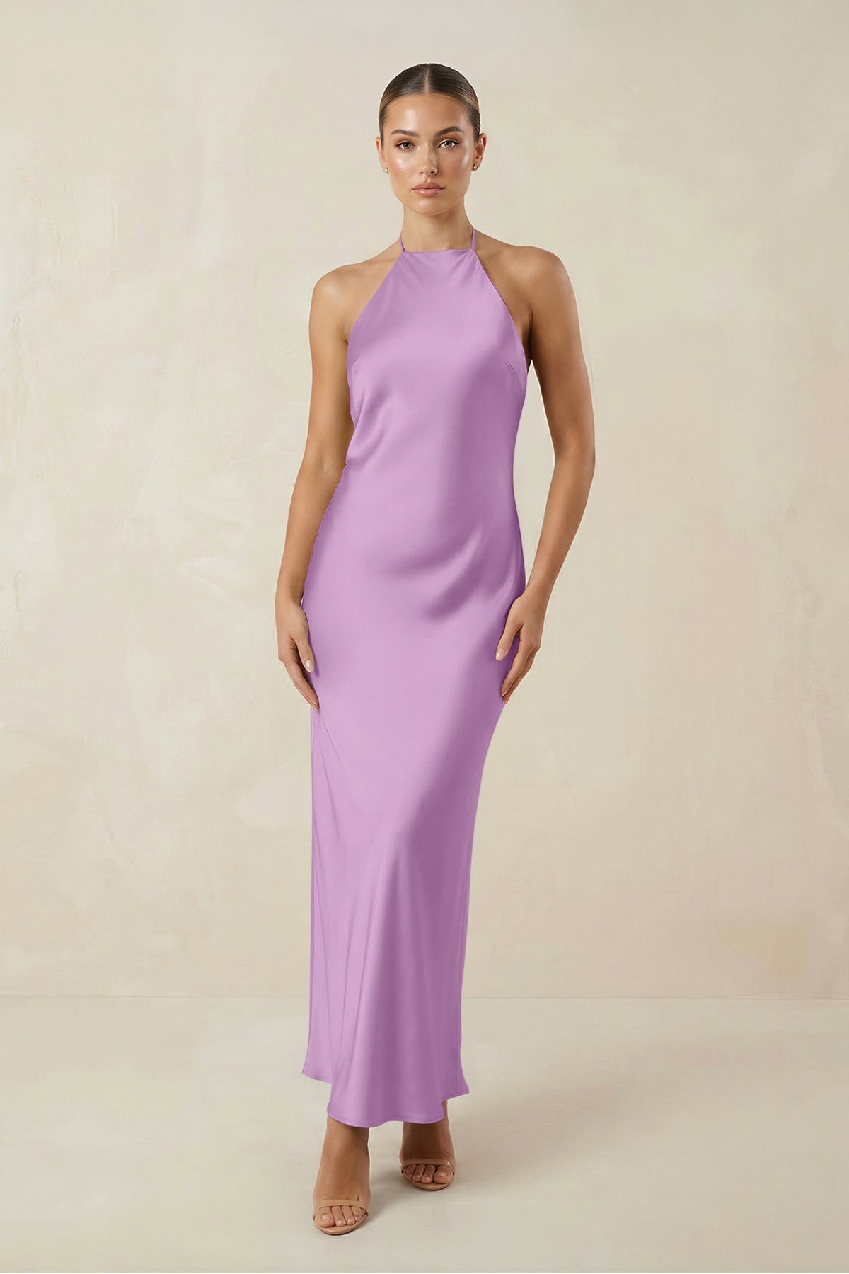 Halter Satin Sheath Midi Bridesmaid Dress in Vintage Mauve