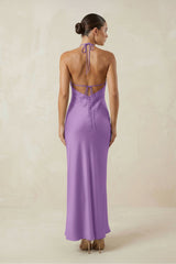 Halter Satin Sheath Midi Bridesmaid Dress in Wisteria