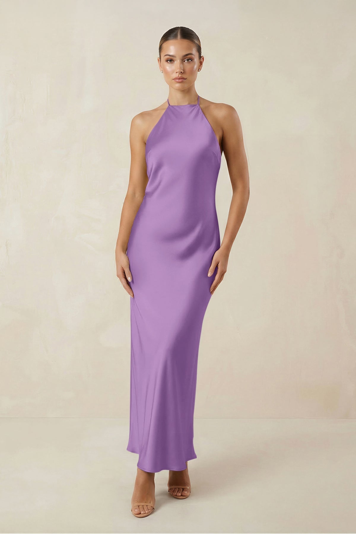 Halter Satin Sheath Midi Bridesmaid Dress in Wisteria