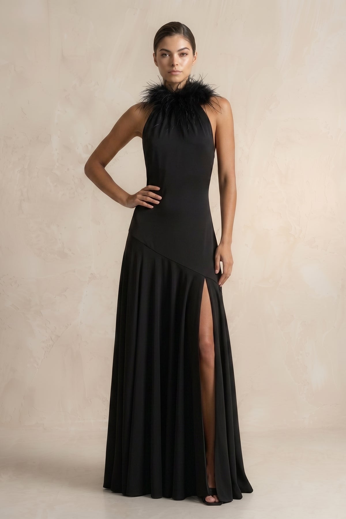 Halter Sheath Feather Satin Maxi Dress with Slit in Black