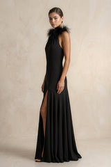 Halter Sheath Feather Satin Maxi Dress with Slit in Black