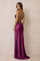 Halter Sheath Satin Maxi Dress With Sequins in Magenta
