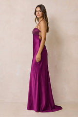 Halter Sheath Satin Maxi Dress With Sequins in Magenta