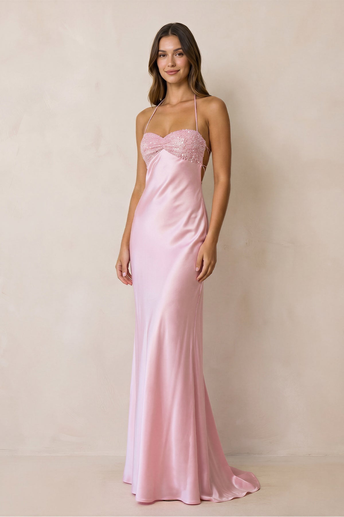 Halter Sheath Satin Maxi Dress With Sequins in Pink