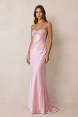Halter Sheath Satin Maxi Dress With Sequins in Pink