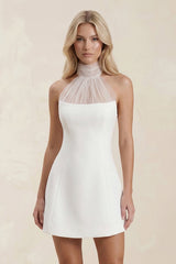 Halter Sheath Satin Mini Wedding Dress in White