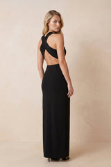 Halter Sheath Stretch Satin Maxi Dress in Black