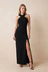 Halter Sheath Stretch Satin Maxi Dress in Black