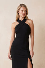 Halter Sheath Stretch Satin Maxi Dress in Black