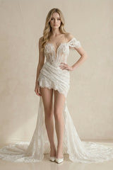 High-Low Lace Plunging Ruched Wedding Dress in White