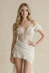 High-Low Lace Plunging Ruched Wedding Dress in White