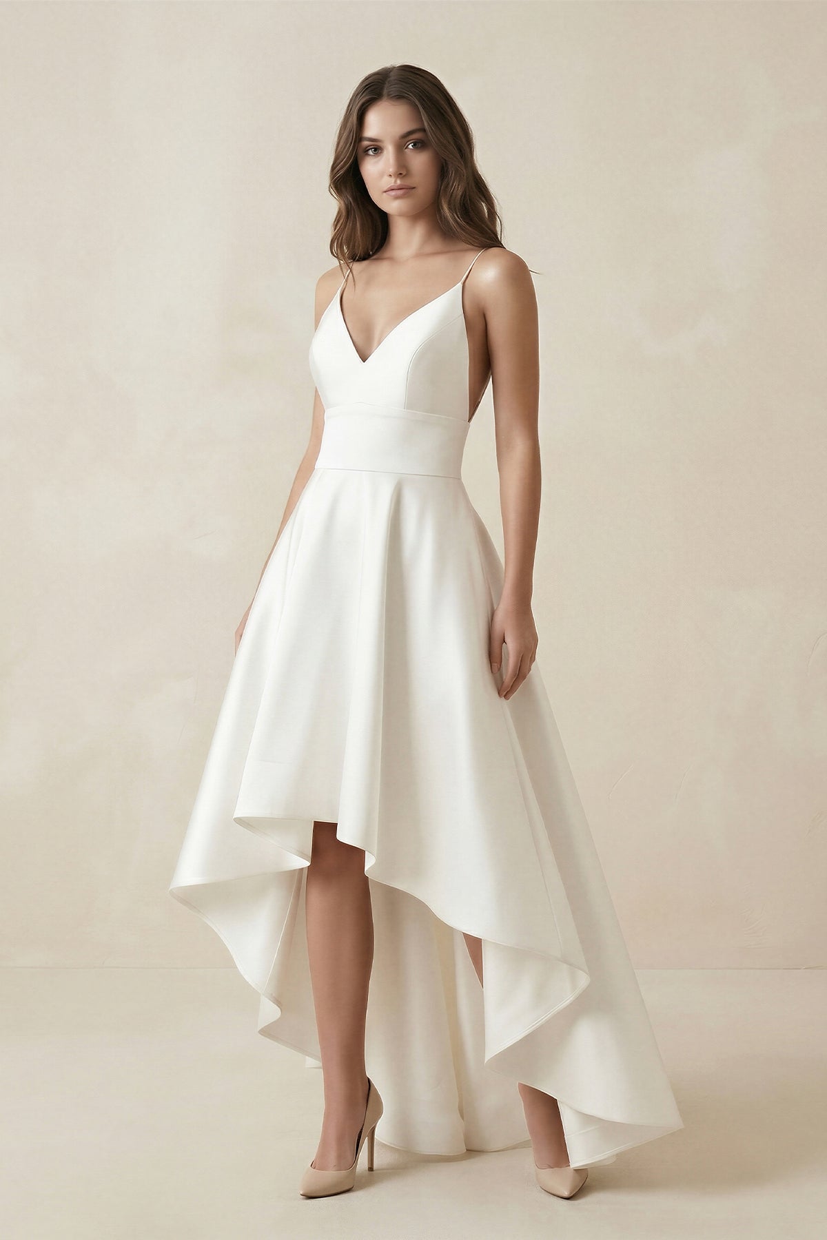 High-Low Satin V-Neck A-Line Wedding Dress in White
