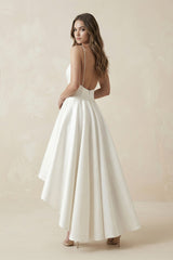 High-Low Satin V-Neck A-Line Wedding Dress in White