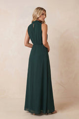 High Neck A-Line Chiffon Maxi Dresses with Slit in Dark Green