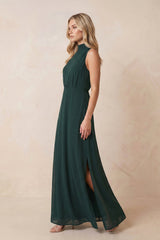 High Neck A-Line Chiffon Maxi Dresses with Slit in Dark Green