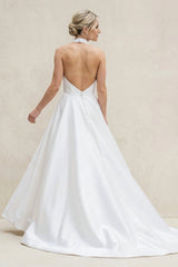 Halter Neck A-Line Satin Wedding Dress in White