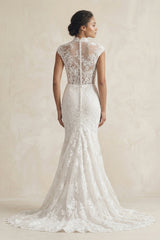 High-Neck Lace Mermaid Cap Sleeve Wedding Dress in White