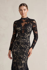 High-Neck Lace Mermaid Wedding Dress With Sleeves in Black