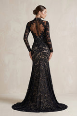 High-Neck Lace Mermaid Wedding Dress With Sleeves in Black