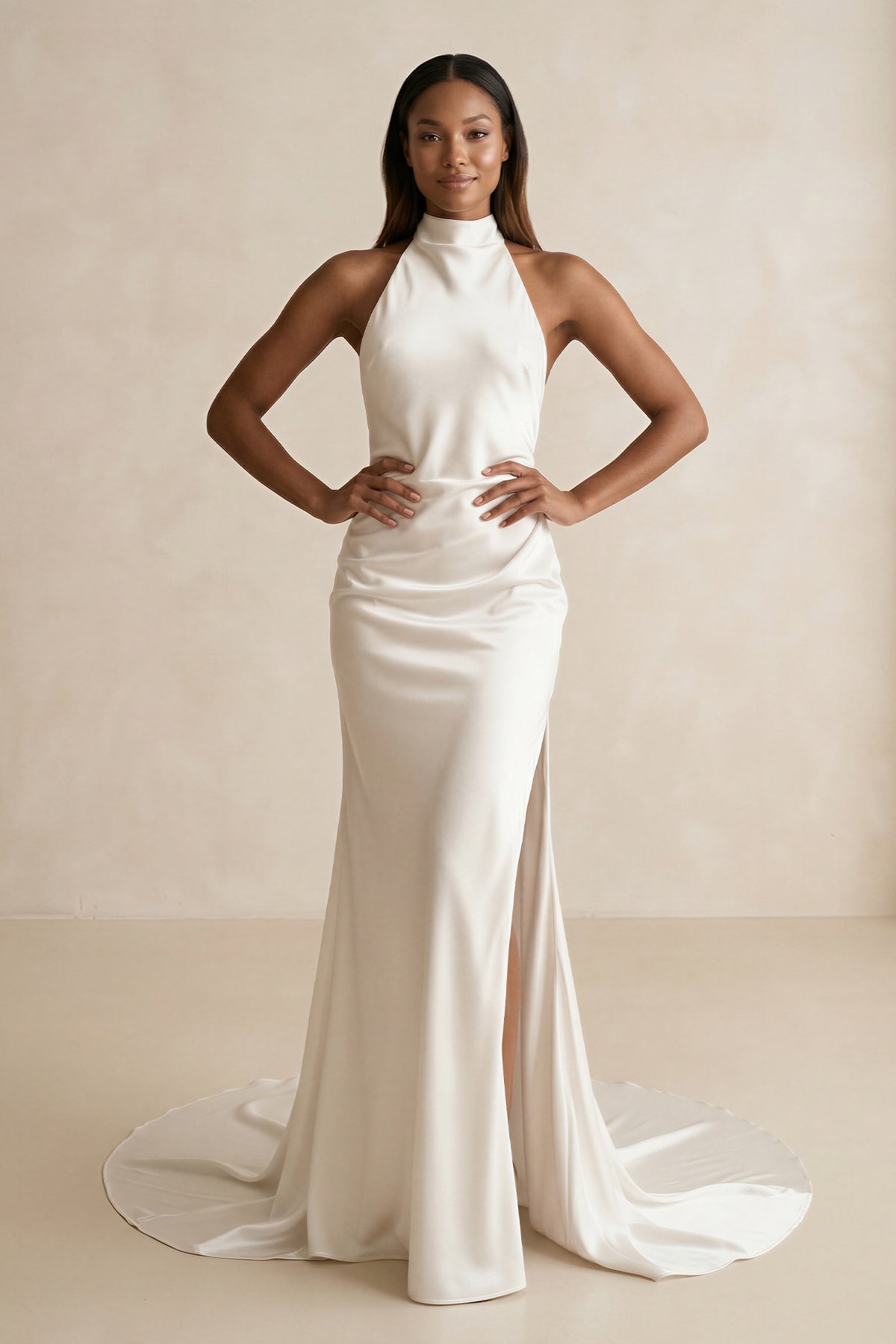 High-Neck Satin Mermaid Wedding Dress with Slit in Ivory