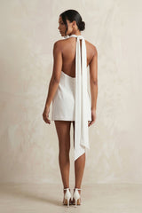 High-Neck Sheath Crepe Mini Wedding Dress in White