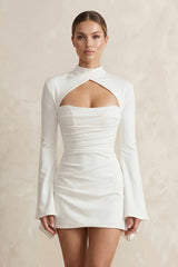 High-Neck Sheath Keyhole Satin Long Sleeves Wedding Dress in White