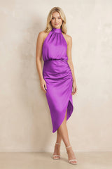 High Neck Sheath Ruched Bridesmaid Dress With Bow in Amethyst