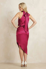 High Neck Sheath Ruched Bridesmaid Dress With Bow in Berry
