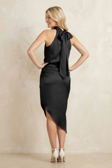 High Neck Sheath Ruched Bridesmaid Dress With Bow in Black