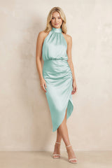 High Neck Sheath Ruched Bridesmaid Dress With Bow in Bleached Aqua
