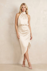 High Neck Sheath Ruched Bridesmaid Dress With Bow in Buttercream