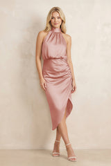 High Neck Sheath Ruched Bridesmaid Dress With Bow in Champagne Rose