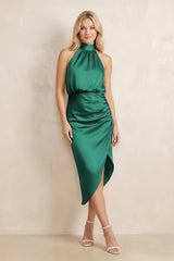 High Neck Sheath Ruched Bridesmaid Dress With Bow in Dark Green