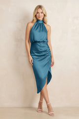 High Neck Sheath Ruched Bridesmaid Dress With Bow in Dark Teal
