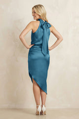 High Neck Sheath Ruched Bridesmaid Dress With Bow in Dark Teal