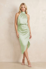 High Neck Sheath Ruched Bridesmaid Dress With Bow in Dusty Sage