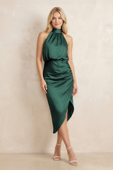 High Neck Sheath Ruched Bridesmaid Dress With Bow in Emerald