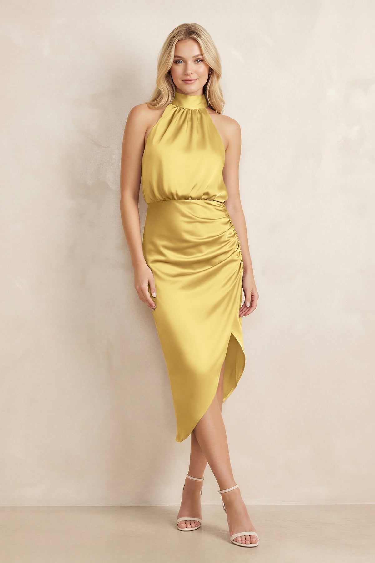 High Neck Sheath Ruched Bridesmaid Dress With Bow in Gold