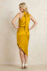 High Neck Sheath Ruched Bridesmaid Dress With Bow in Marigold