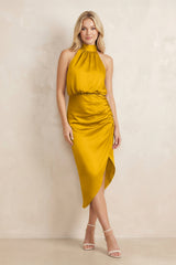 High Neck Sheath Ruched Bridesmaid Dress With Bow in Marigold