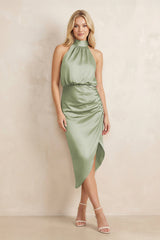 High Neck Sheath Ruched Bridesmaid Dress With Bow in Matcha