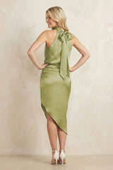 High Neck Sheath Ruched Bridesmaid Dress With Bow in Moss Green