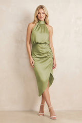 High Neck Sheath Ruched Bridesmaid Dress With Bow in Moss Green